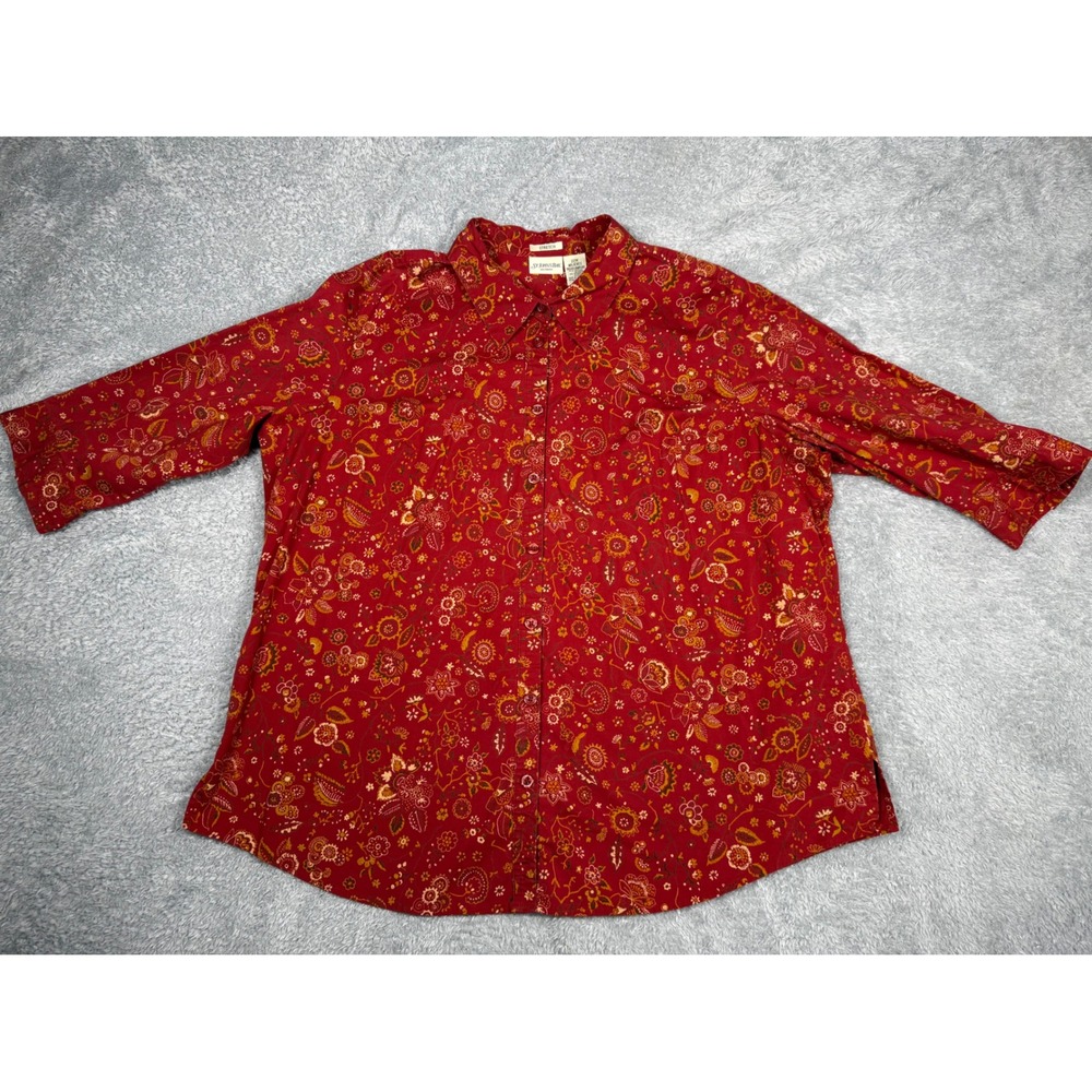 St.‎ John's Bay Button Down Women 22W Red Excellent Floral Stretch Boho Blouse